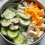 Cucumber Snack Bowl with Cheddar, Chicken, and Avocado Lime Ranch Dressing Recipe