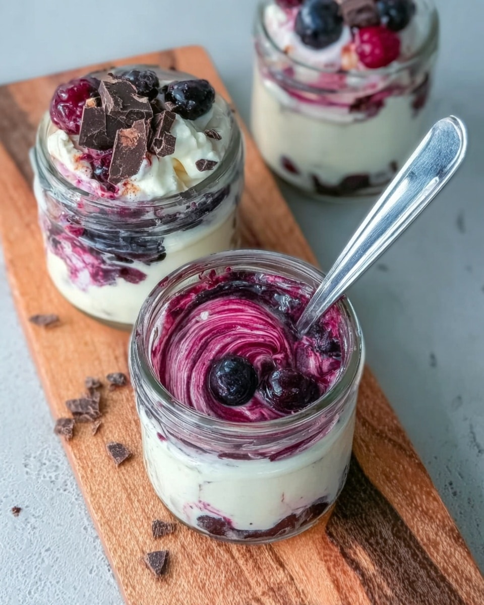 The image shows three small clear glass jars filled with a layered dessert, placed on a white marbled surface designed to look like a wood board. Each jar has a white creamy base layer topped with a thick purple berry layer, several fresh berries, and small dark chocolate pieces sprinkled on top. One jar in the front has a shiny silver spoon inserted in it, with the berry and cream swirled together around the spoon. The other two jars in the back have visible whipped cream and berry topping with some crunchy bits. The jars are simple with no extra decorations. photo taken with an iphone --ar 4:5 --v 7