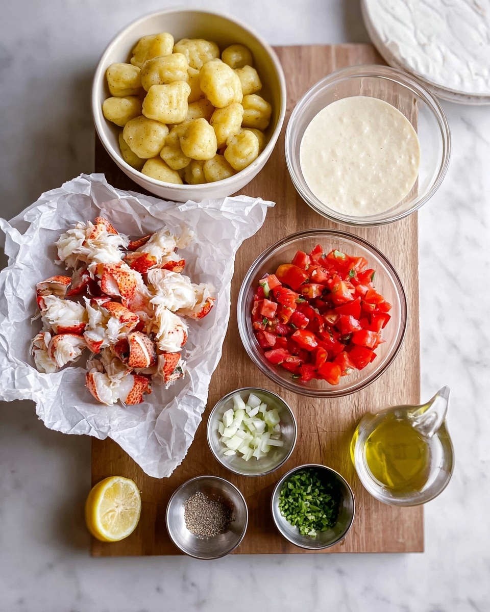 The image shows several bowls and small metal cups arranged on a wooden board on a white marbled surface. On the left, a pile of torn lobster meat rests on crumpled white parchment paper, showing white and red colors. Above it, a large white bowl holds yellow, uncooked gnocchi pieces. Next to the gnocchi is a clear glass bowl filled with chopped bright red tomatoes. Above the tomatoes is another clear glass bowl containing a creamy white sauce. Three small metal cups contain small amounts of chopped green herbs, diced white onions, and a mix of salt and pepper. Two more metal cups hold a small amount of olive oil and a light-colored liquid. A lemon wedge appears on the white marbled surface near the lower left corner. The scene is well-lit and clean, with a homemade cooking vibe. photo taken with an iphone --ar 4:5 --v 7