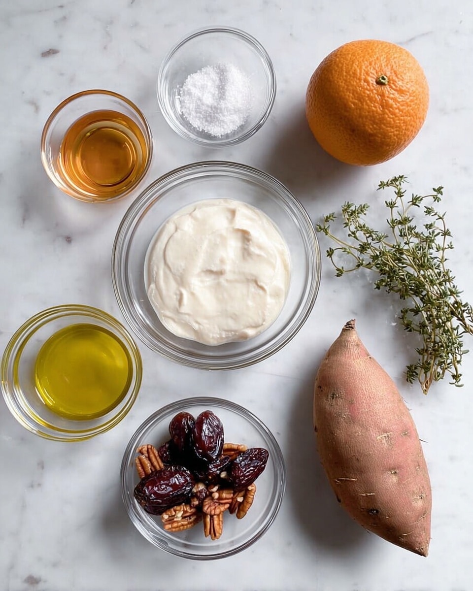 The image shows seven items arranged neatly on a white marbled surface. At the center is a clear glass bowl filled with a white, creamy substance with a smooth texture. To its left, there is a small glass cup with golden honey and below it, a tiny glass bowl containing white salt. Next to the salt is a small glass bowl filled with light yellow olive oil. To the right of the central bowl, there is a medium-sized whole orange and beside it, a medium-sized raw sweet potato with a rough, light brownish skin. Above the sweet potato is a small clear glass bowl with several dark brown dates, and below it is a slightly larger glass bowl containing chopped pecans, showing brown nut pieces with a rough texture. There is also a sprig of fresh green thyme placed near the honey. The photo was taken with an iphone --ar 4:5 --v 7