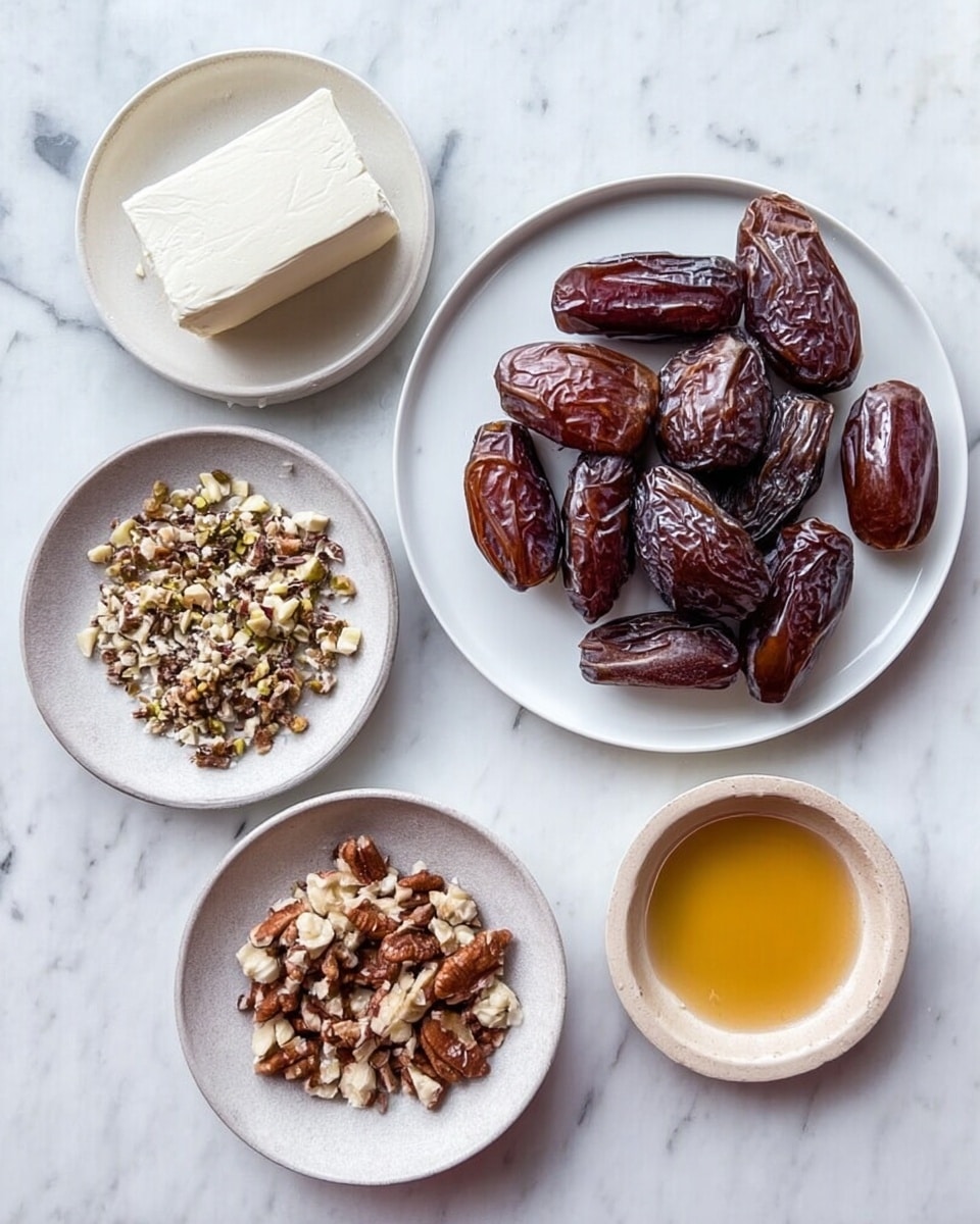 The image shows four white plates with different ingredients on a white marbled surface. The top right plate holds about twenty large, shiny dark brown dates with wrinkled skin. The top left plate contains a small, round log of smooth white cheese. The bottom left plate has small chopped nuts, mixed in light and dark brown colors, scattered loosely. The bottom right plate is a small round dish with a golden honey liquid inside. Photo taken with an iphone --ar 4:5 --v 7