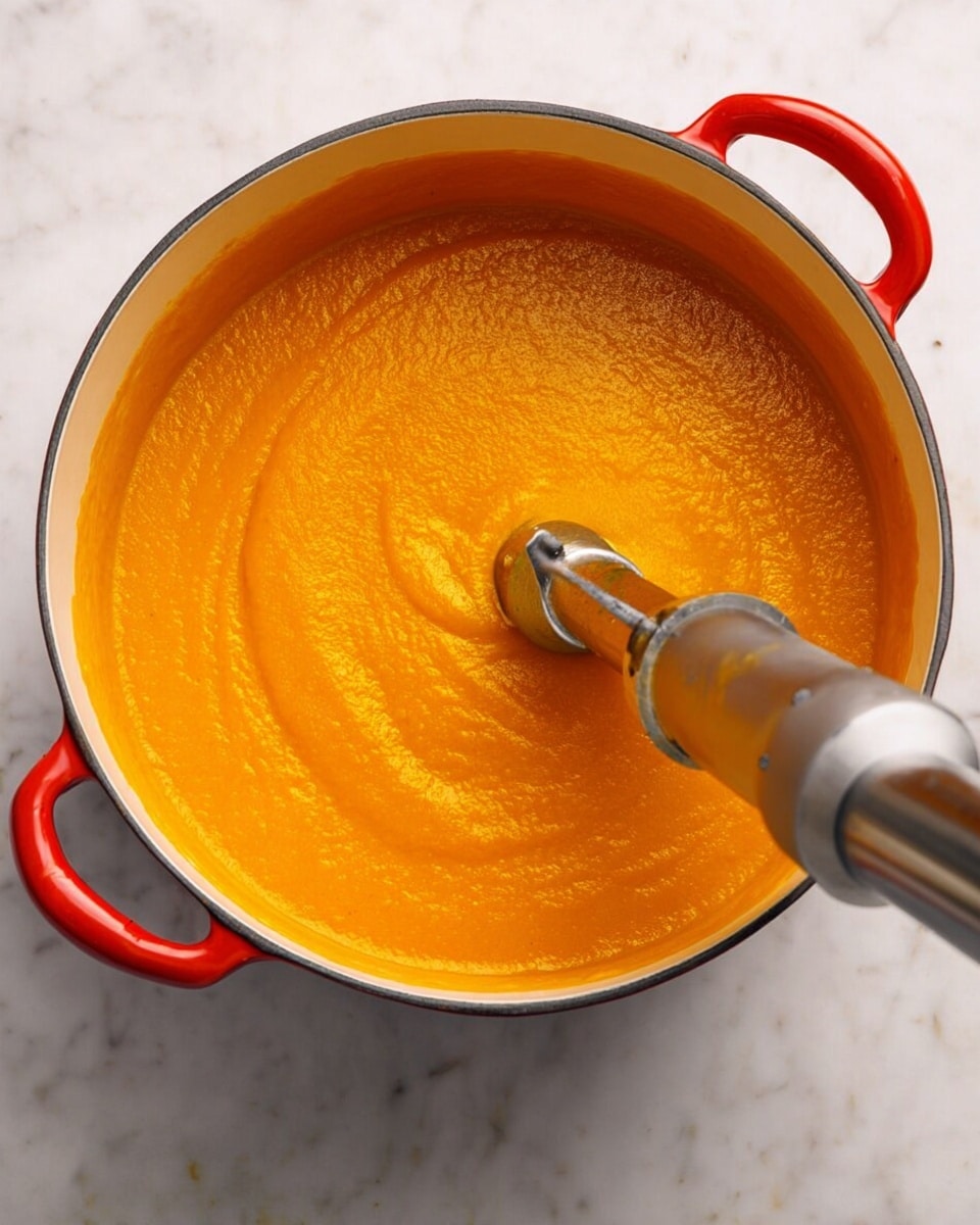 A large white pot with red handles is filled with smooth, bright orange soup being blended by a metallic immersion blender. The soup has a thick texture and fills most of the pot, with a small peak of soup clinging to the blender. The pot sits on a white marbled surface. photo taken with an iphone --ar 4:5 --v 7