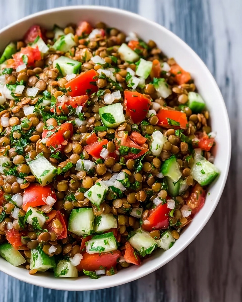 A close-up view of a white bowl filled with a colorful lentil salad, showing visible layers of light brown lentils mixed with chopped bright red tomatoes, green cucumber pieces, small white onion bits, and finely chopped green herbs. The textures are varied, with soft lentils contrasting with the crunchy vegetables. The bowl sits on a white marbled surface, highlighting the fresh and vibrant colors of the salad inside. photo taken with an iphone --ar 4:5 --v 7