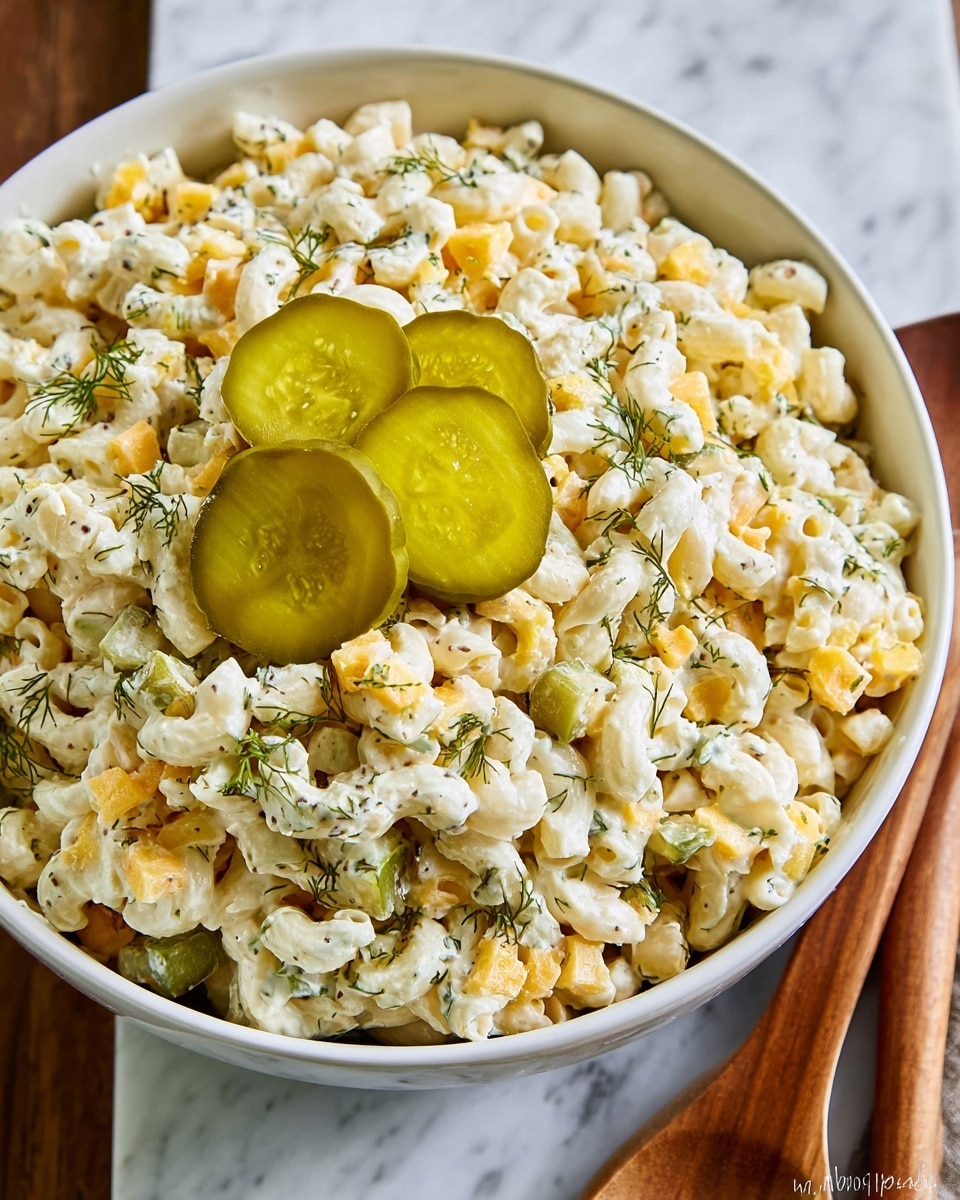 A large white bowl filled with macaroni salad sets the scene, showing soft, short curved pasta mixed with small cubes of orange cheese and bits of green pickles. The salad is creamy white with a smooth texture, sprinkled with fine dill herbs scattered evenly throughout. On top, three bright yellow-green pickle slices sit neatly in the center, adding a fresh contrast. The bowl is placed on a table with a white marbled surface, and a wooden spoon is partially visible on the right side. photo taken with an iphone --ar 4:5 --v 7