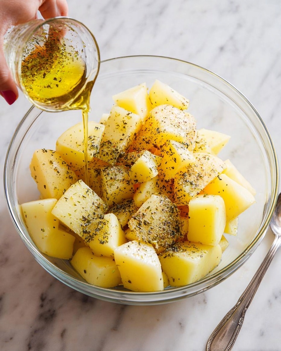A clear glass bowl filled with peeled potato pieces, each cut into large chunks with light yellow color and some skin left. The potatoes are sprinkled with a mix of dried green herbs and a light dusting of seasoning. Above the bowl, a woman's hand holds a small cup tilted, pouring light golden oil over the potatoes. The bowl sits on a white marbled surface, with a silver spoon resting next to it. Photo taken with an iphone --ar 4:5 --v 7