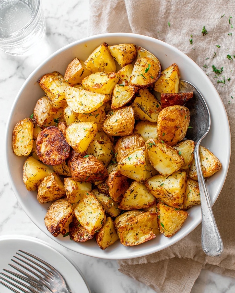The image shows a white bowl full of golden-brown roasted potato pieces, with some pieces showing crispy skin and others revealing soft white inside. Small green herb bits are scattered on top of the potatoes. A silver spoon is placed inside the bowl on the right side. The bowl is on a white marbled surface with a beige cloth partly visible in the top right corner. Nearby there are two silver forks and a white plate at the bottom left corner. A glass of water is partially visible in the top left corner. The photo taken with an iphone --ar 4:5 --v 7
