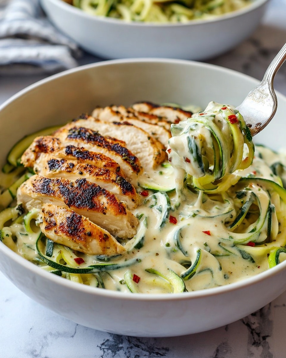 A white bowl holds three main layers: the bottom layer is a swirl of green zucchini noodles with a soft, slightly shiny texture; the middle layer is a thick, creamy white sauce that coats the noodles evenly and looks smooth with specks of herbs and pepper scattered on top; the top layer has a grilled, sliced chicken breast arranged in a neat row, the chicken showing a golden-brown surface with char marks and juicy white inside; a silver fork is resting inside the bowl, touching the chicken; the bowl sits on a white wooden table with some black peppercorns scattered near it, and a blue cloth is partly visible next to the bowl; another white bowl with similar content is blurry in the background; photo taken with an iphone --ar 4:5 --v 7
