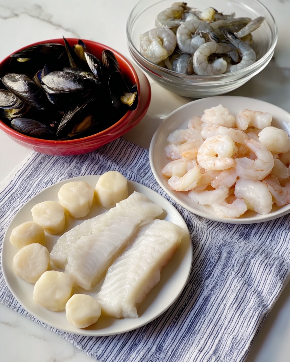 A large metal pot filled with a rich orange-red seafood stew, showing visible pieces of shrimp, clams with shells, chunks of white fish, diced red tomatoes, and bits of onion and celery, all floating in a slightly thick broth. Behind the pot, there is a white plate holding a round loaf of bread with deep slices filled with green herbs. All items are placed on a white marbled surface. photo taken with an iphone --ar 4:5 --v 7