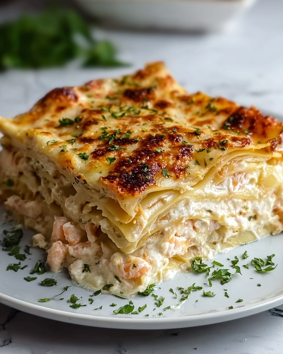 A close-up of a thick square piece of lasagna on a white plate, showing four visible layers. The top layer is golden brown, melted cheese with small, darker browned spots, sprinkled lightly with chopped green herbs. Below it, alternating layers of creamy ricotta cheese mixed with small pieces of orange carrot and white beans are visible, separated by thin, flat pale yellow pasta sheets. The texture of the filling looks soft and slightly chunky, with a little moisture pooling at the bottom edge. The plate sits on a white marbled surface with some scattered green herb leaves and a small bright red cherry tomato slice nearby. Photo taken with an iphone --ar 4:5 --v 7