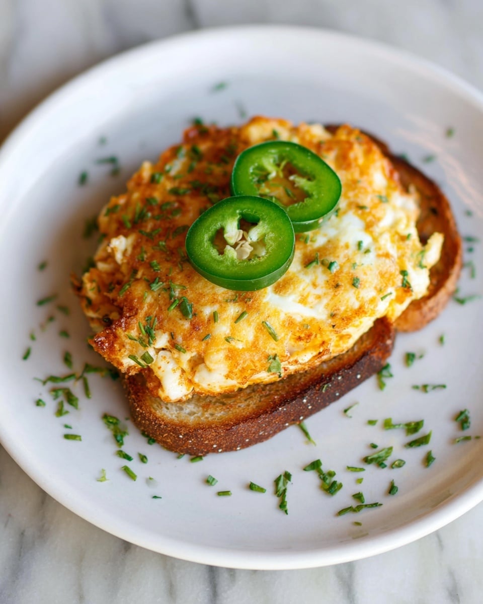 A white plate with a base layer of toasted bread that is light brown and slightly crispy. On top of the bread, there is a fluffy, golden-brown cooked egg patty with a slightly rough texture showing bits of white egg and herbs mixed in. The egg layer is topped with three thin slices of green jalapeño pepper arranged in a small pile. Around the edges of the plate, small scattered green herb pieces add detail. The photo has soft natural lighting and a clean white marbled background. photo taken with an iphone --ar 4:5 --v 7