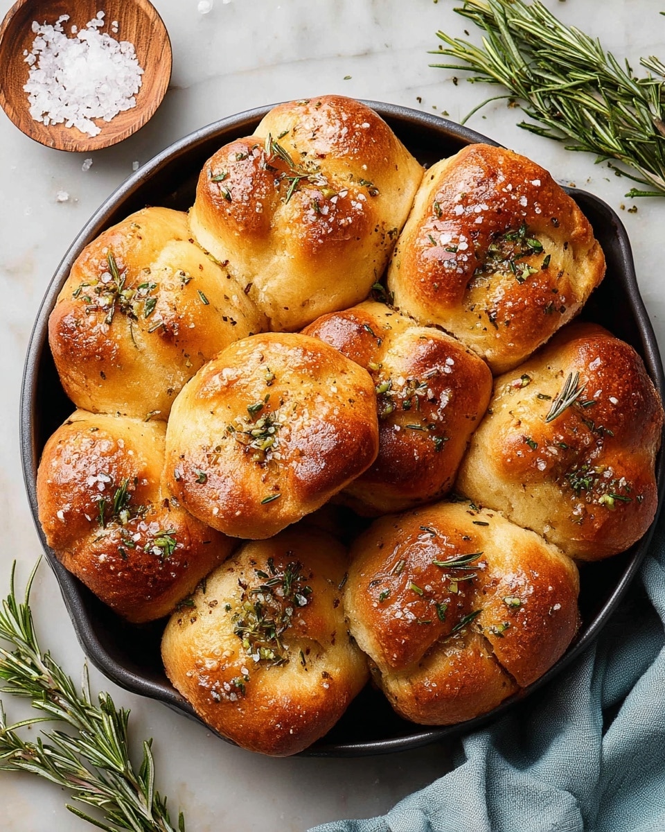 The image shows a close-up of several golden brown garlic bread rolls with a soft, fluffy inside and a slightly crispy crust. Each roll has an uneven top with small peaks and is sprinkled with coarse salt and green dried herbs, possibly rosemary and parsley. One roll is at the center, showing its rich brown outer crust and light yellow inside. The background includes more rolls slightly out of focus, all placed on a white marbled surface. photo taken with an iphone --ar 4:5 --v 7