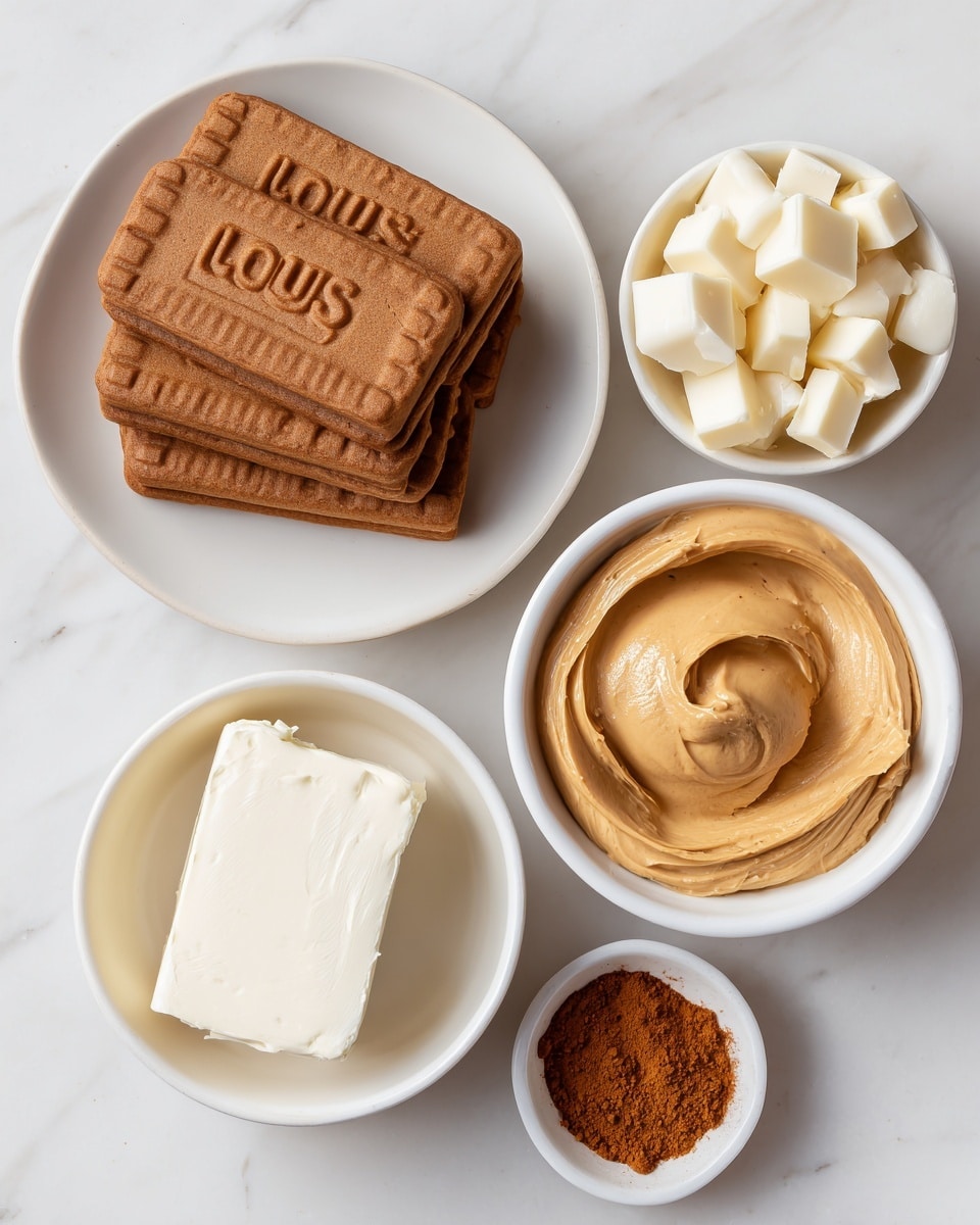 The image shows five bowls and plates arranged on a white marbled surface, each containing different ingredients. On the left, a white plate holds two neat stacks of rectangular brown biscoff cookies with a ridged edge and the word “Lotus” embossed on them. At the top right, a white bowl is filled with small, uneven chunks of white chocolate. Below it, a smaller white bowl contains a block of smooth cream cheese with soft edges. At the bottom right, another white bowl holds a thick, creamy swirl of biscoff spread in a light brown color with a smooth texture. In the bottom center, a tiny white bowl has a small mound of ground cinnamon powder, deep reddish-brown and finely textured. photo taken with an iphone --ar 4:5 --v 7