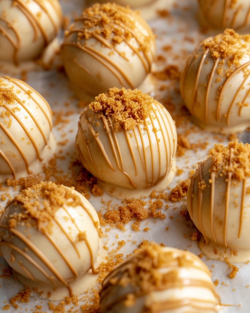 The image shows round dessert balls covered in smooth light caramel-colored coating with thin drizzle lines of the same caramel color on top. Each ball is decorated with small crunchy golden crumbs scattered over the top. The balls are arranged close to each other on a flat surface that is coated with a thin layer of the same caramel sauce and sprinkled with more crumbs. The overall look is warm and creamy with textured details from the crumbs and drizzle, and the background is a white marbled texture. photo taken with an iphone --ar 4:5 --v 7