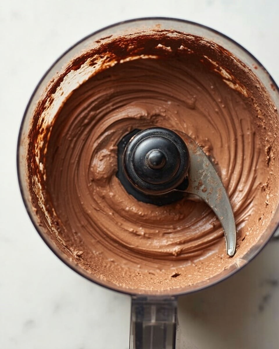 The image shows a close-up of a food processor bowl filled with smooth, thick chocolate batter. The batter has a creamy texture with light ridges swirling around the center blade, which is black and metal. The inside of the clear bowl has some batter stuck to the sides, showing the process of mixing. The whole setup sits on a white marbled surface. photo taken with an iphone --ar 4:5 --v 7