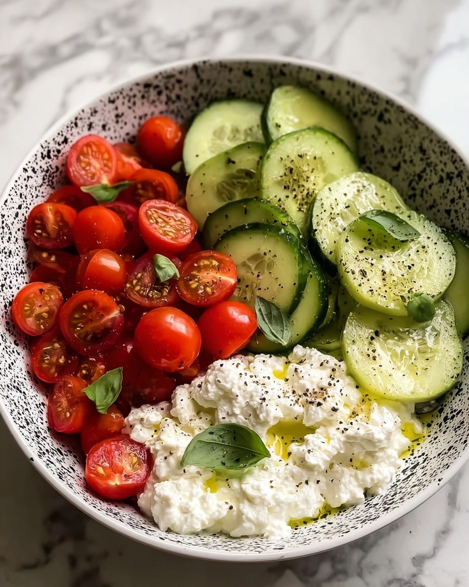 A white bowl with black speckles holds a fresh salad arranged in three sections. One section has bright red halved cherry tomatoes with glossy, smooth skin and some small green basil leaves on top. Next to the tomatoes is a section of light green cucumber slices with darker green skin edges, sprinkled with ground black pepper and a few basil leaves. The third section contains a generous layer of white, soft cottage cheese with a creamy texture, a drizzle of olive oil, and some black pepper. The bowl is set on a white marbled surface. Photo taken with an iphone --ar 4:5 --v 7