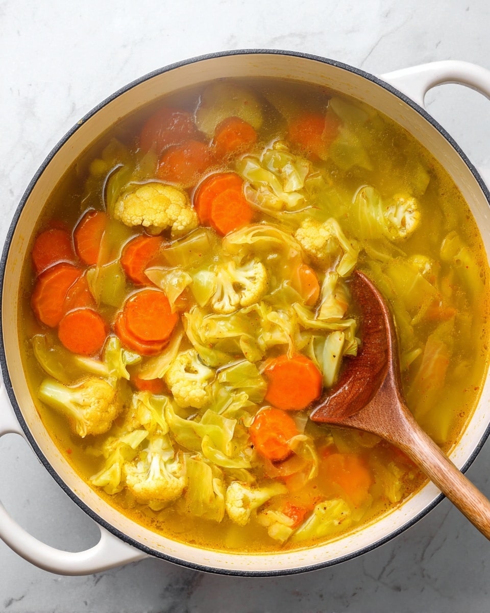 The image shows a large white pot filled with vegetable soup, placed on a white marbled surface. The soup has a yellow broth with visible steam rising, showing it is hot. It contains layers of bright orange carrot slices, pale yellow cauliflower florets, light green celery pieces, and translucent cabbage leaves. A wooden spoon is partially submerged in the soup, resting on the right side of the pot. Photo taken with an iphone --ar 4:5 --v 7