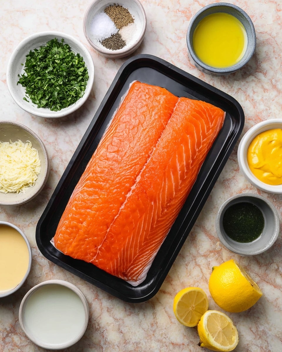 A large piece of bright orange raw salmon fillet lies on a black tray in the center of the image. Around it are several small bowls arranged in a loose circle on a white marbled surface: chopped green herbs in a white bowl at the top left, salt and black pepper mixed in a small white bowl above the salmon, light yellow oil in another white bowl to the right, a small dark bowl with a yellow mustard dollop below that, and two lemon halves next to a bowl of white liquid at the bottom right. At the bottom left, there is a bowl with beaten egg, a bowl with light-colored sauce, and another bowl with a pale yellow mayo-like sauce. The colors are vivid with strong contrasts, and the image looks fresh and clean, photo taken with an iphone --ar 4:5 --v 7