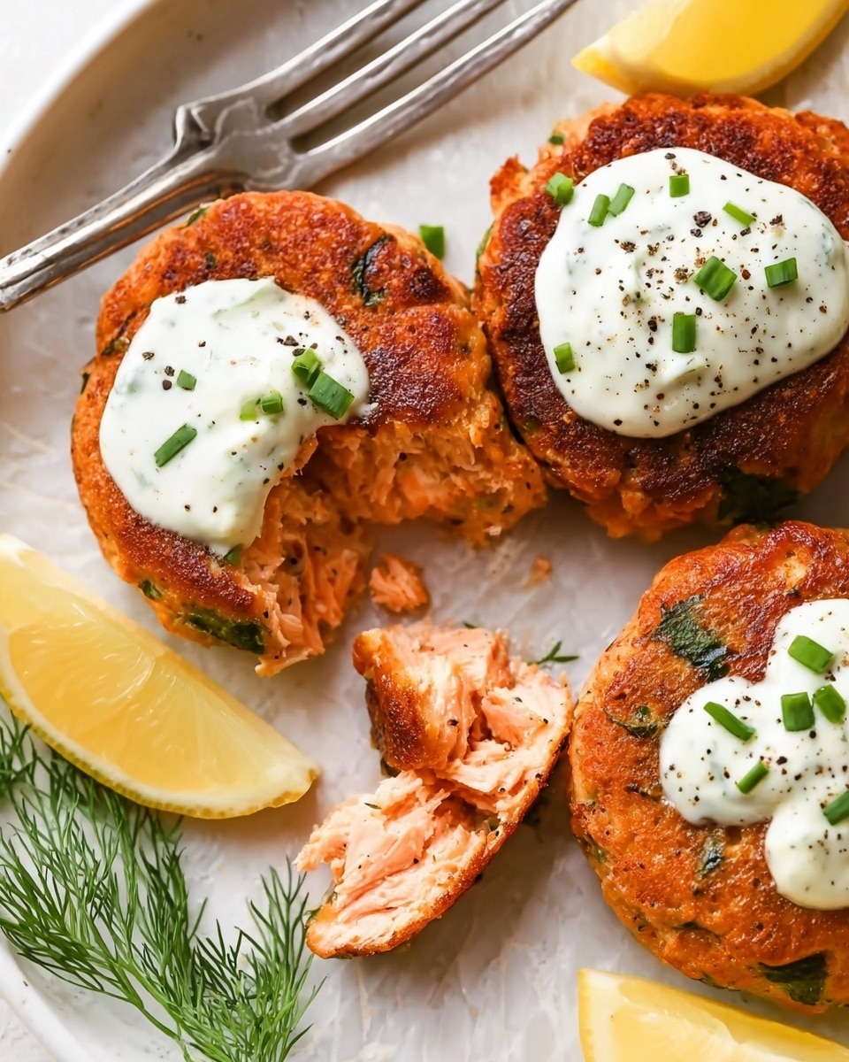 The image shows three round, golden-brown salmon patties on a white plate with a white marbled texture background. One patty is broken open, revealing a flaky, pink inside with green herbs. Each patty has a dollop of creamy white sauce on top, sprinkled with chopped green chives and black pepper. There are bright yellow lemon wedges on the plate, and a sprig of fresh green dill beside the patties. A silver fork rests near the upper left edge of the plate. The photo taken with an iphone --ar 4:5 --v 7