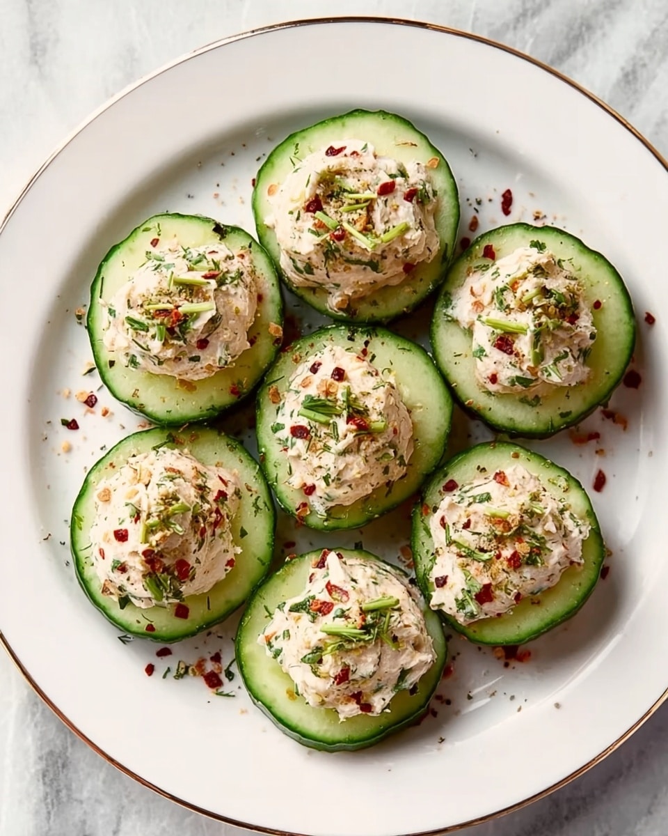 A white plate with a gold ring holds eight cucumber slices arranged in a rough circle, each topped with a pale creamy mixture that has a thick and slightly grainy texture. The cucumber slices have dark green skin with light green flesh. Each dollop of the topping is sprinkled with red seasoning flakes and small green herb pieces. The plate is sitting on a white marbled surface. Woman's hand is just out of frame near the plate. photo taken with an iphone --ar 4:5 --v 7