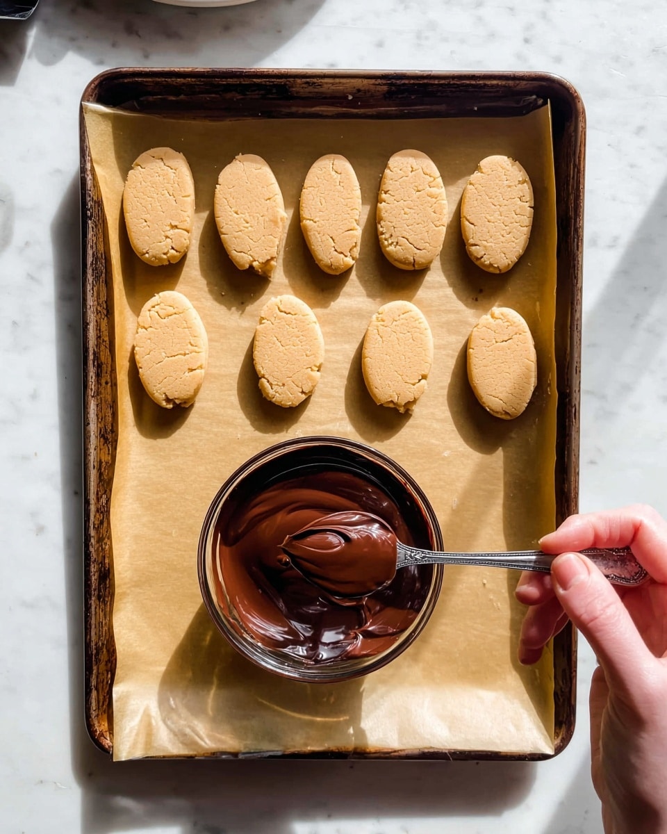 A close-up of a baking tray lined with parchment paper holding twelve oval-shaped light brown cookie dough pieces, evenly spaced in three rows. In the center, a woman's hand holds a spoon coated with thick, smooth dark chocolate above a small glass bowl filled with melted chocolate. The baking tray is on a white marbled surface with soft natural light casting gentle shadows. photo taken with an iphone --ar 4:5 --v 7