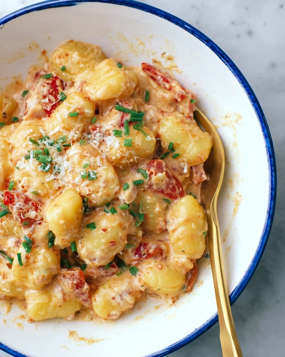 The image shows a white bowl with a blue rim filled with a creamy gnocchi dish. The dish has soft, golden-yellow gnocchi pieces scattered throughout. There are visible chunks of red tomatoes mixed in, adding bright red spots to the creamy, pale orange sauce that coats the gnocchi. Small green bits of chopped herbs, possibly chives, are sprinkled on top. Some grated cheese is lightly covering the gnocchi. A gold fork is resting at the bottom right edge of the bowl. The background is a white marbled texture. photo taken with an iphone --ar 4:5 --v 7
