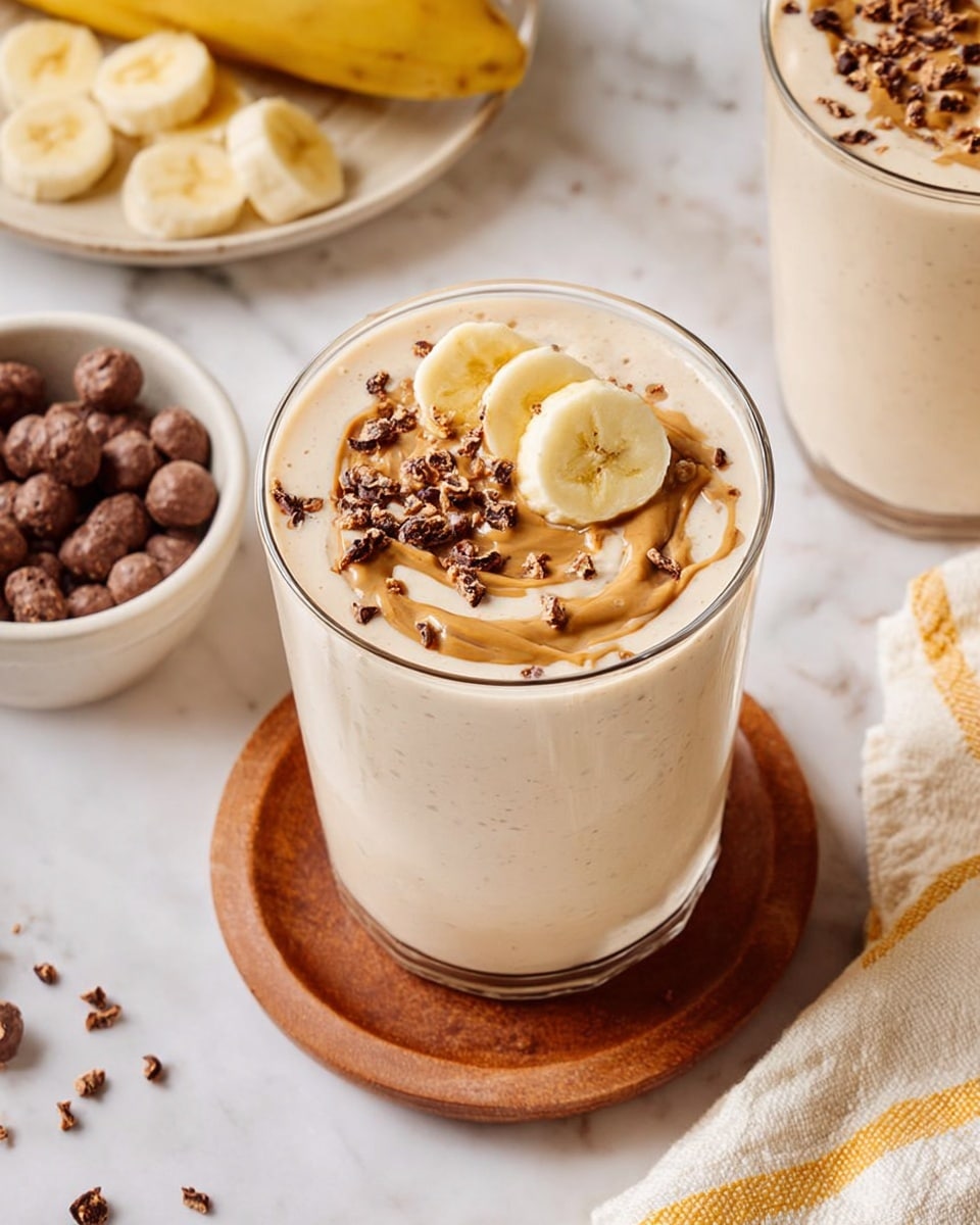 A tall clear glass filled with a creamy beige smoothie topped with three round banana slices, swirls of light brown nut butter, and small dark crunchy bits scattered on top. The glass sits on a round wooden coaster placed on a white marbled surface. Around it, there is a white plate with additional banana slices at the bottom left and a white bowl containing more dark crunchy bits at the right. The background is softly blurred, focusing on the smoothie. Photo taken with an iphone --ar 4:5 --v 7