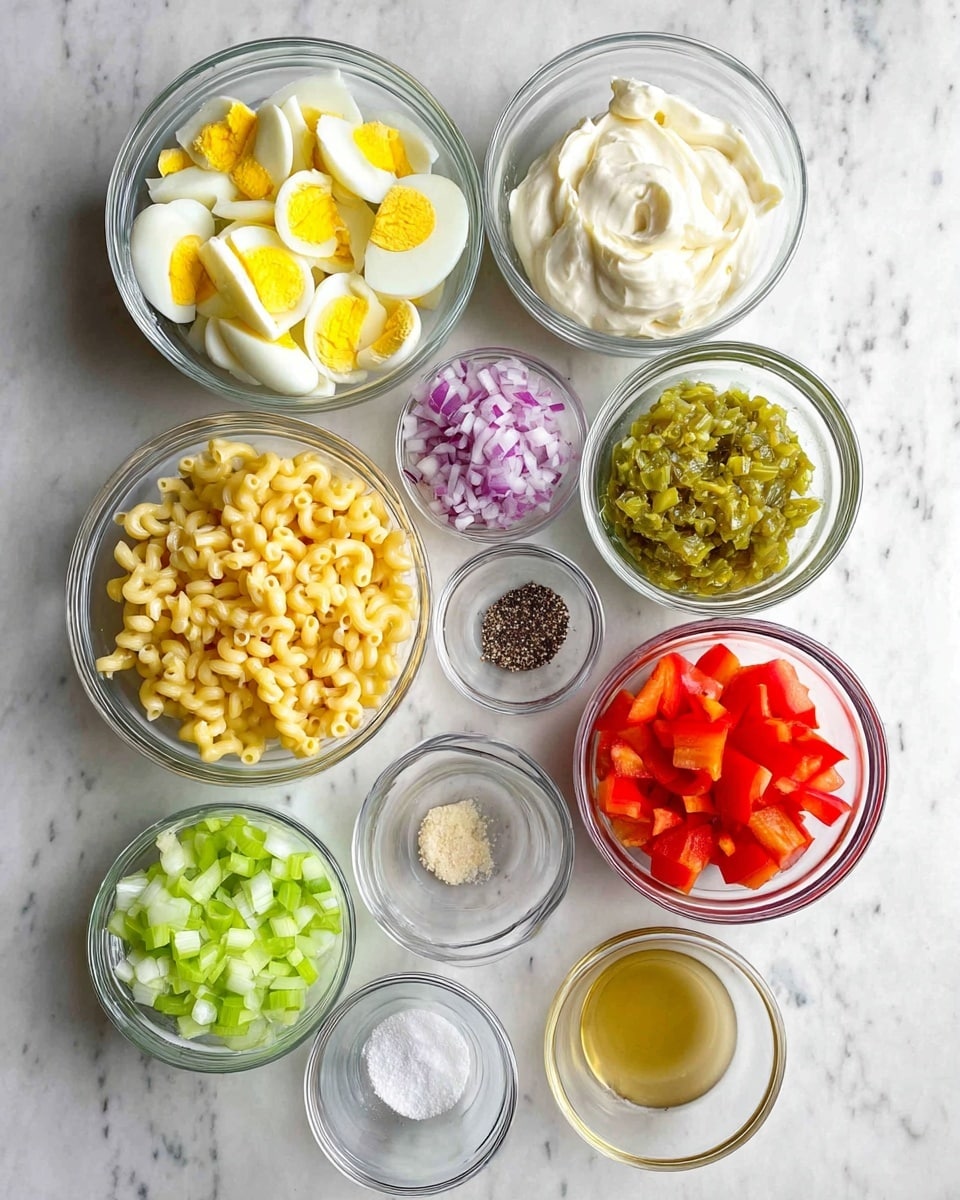 The image shows ten clear glass bowls arranged neatly on a white marbled surface. In the top left bowl, there are pieces of chopped hard-boiled eggs with bright yellow yolks and white edges. To its right, a larger bowl contains a smooth, creamy white mixture. Next to that, on the top right, is a bowl filled with a shiny, green relish with a chunky texture. Below the egg bowl is a bowl full of small yellow elbow macaroni, and next to it is a bowl of finely chopped red onions with purple and white pieces. A smaller bowl of black pepper sits to the right of the onions. Below these are two more small bowls, one with a white powdery substance, likely salt, and the other with a pale yellow mustard. Below those ingredients, a larger bowl is filled with chopped bright red bell peppers, and next to it is a bowl of light green celery pieces. The lowest bowl holds a light brown liquid, likely a vinegar or dressing. Each bowl is clear glass, sitting on the white marbled surface, with no other utensils or items present. photo taken with an iphone --ar 4:5 --v 7