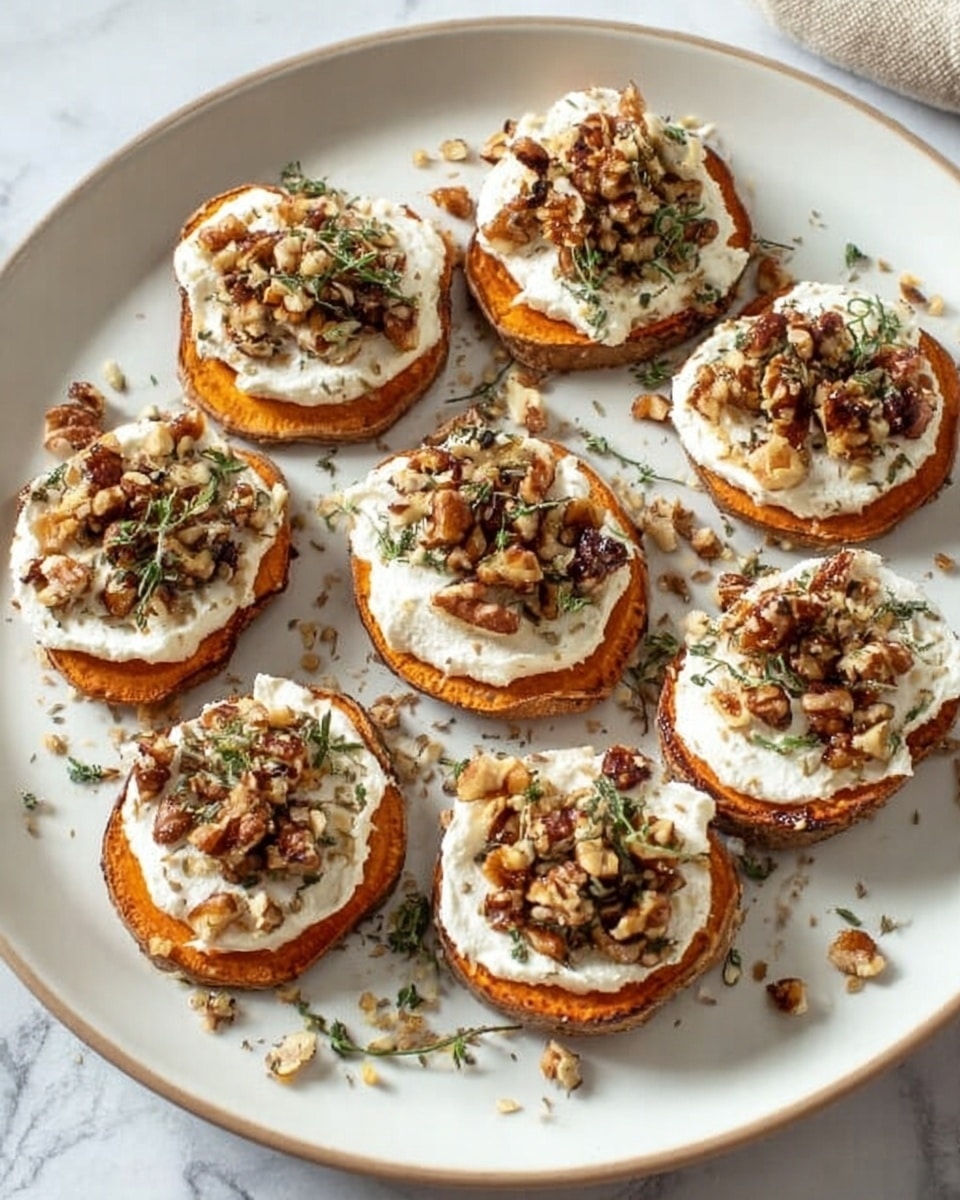 A white plate with nine round slices of roasted sweet potato, each topped with a thick layer of creamy white spread, and sprinkled with a mix of chopped nuts and herbs, creating a contrast of orange, white, and brown colors and a mix of smooth and crunchy textures. The plate sits on a white marbled surface. Photo taken with an iphone --ar 4:5 --v 7