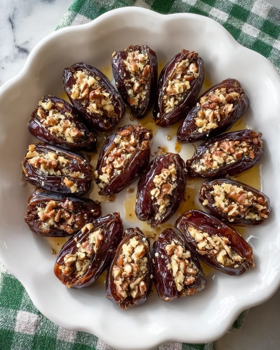 A white scalloped bowl holds 18 shiny, dark brown dates arranged in a circle with two dates in the center. Each date is split open lengthwise and filled with light brown, chopped nuts that have a rough texture. There are small drops of golden syrup drizzled on and around the dates. The bowl rests on a white marbled surface with a green and white checkered cloth partially visible. photo taken with an iphone --ar 4:5 --v 7