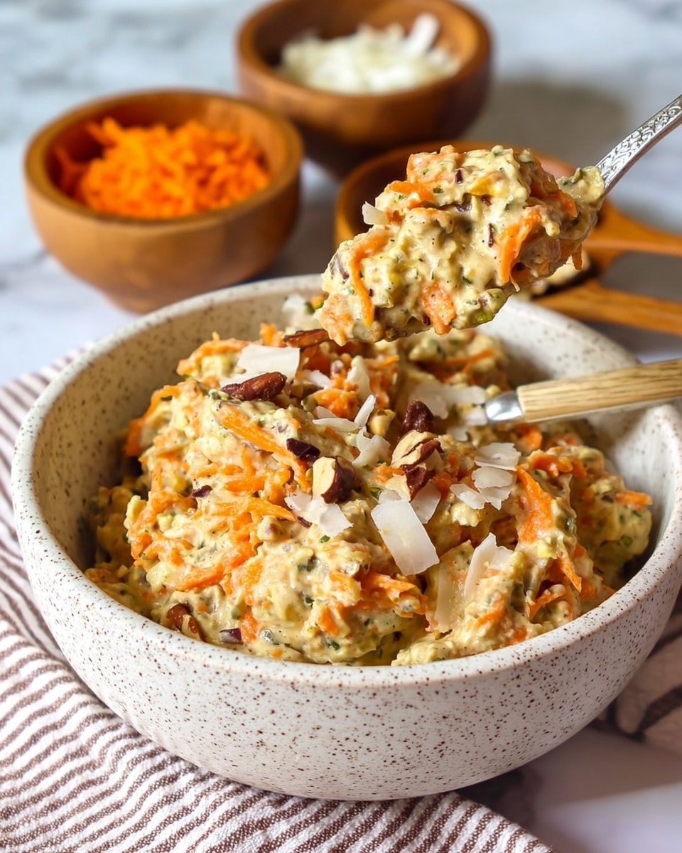 A bowl filled with a thick, creamy mix that has visible pieces of orange shredded carrot and white shreds spread throughout. The creamy mixture is speckled with green and small bits of nuts on top, adding texture. A spoon lifts a scoop from the bowl, showing the dense texture with chunks of carrot and nuts. In the background, there are two small wooden bowls, one filled with grated orange content and the other with white shreds. The bowl holding the dish is a speckled white ceramic bowl placed on a white marbled surface with a striped cloth beneath it. Photo taken with an iphone --ar 4:5 --v 7