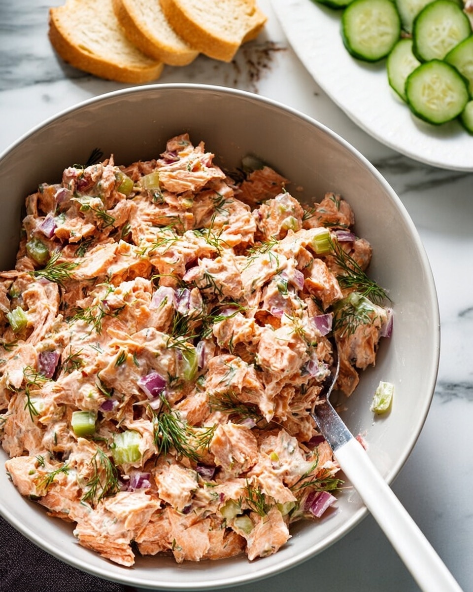 A large white bowl filled with a creamy pinkish-orange salmon salad mixed with small green celery pieces, finely chopped red onions, and fresh green dill sprinkled on top. The salad has a chunky texture with visible chunks of salmon and a creamy sauce binding it all together. A white spoon with a metal tip is resting inside the bowl. In the background, there is a white plate with cucumber slices and light yellow toasted bread pieces, all set on a white marbled surface. Photo taken with an iphone --ar 4:5 --v 7
