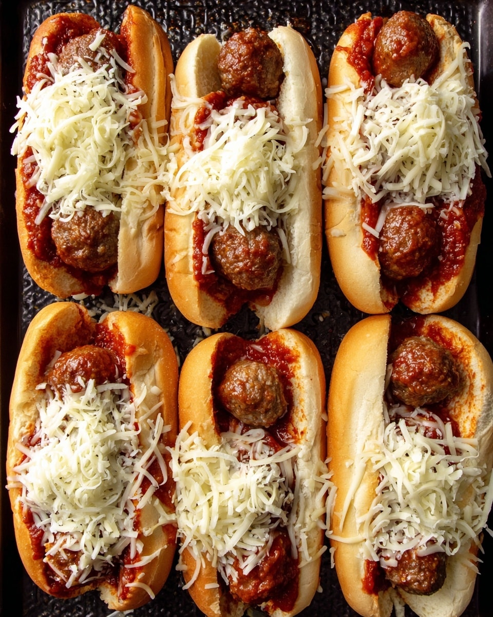 Eight meatball sandwiches are placed close together on a dark non-stick pan with a textured surface. Each sandwich has a soft light golden bun, split open to hold three round meatballs coated in rich red tomato sauce at the bottom layer. On top of the meatballs and sauce, there is a thick layer of creamy shredded white cheese scattered unevenly, covering nearly the whole surface of each sandwich. Some bits of cheese also lie scattered on the pan around the sandwiches. The simple colors and textures emphasize the fresh ingredients and tasty layers. Photo taken with an iphone --ar 4:5 --v 7