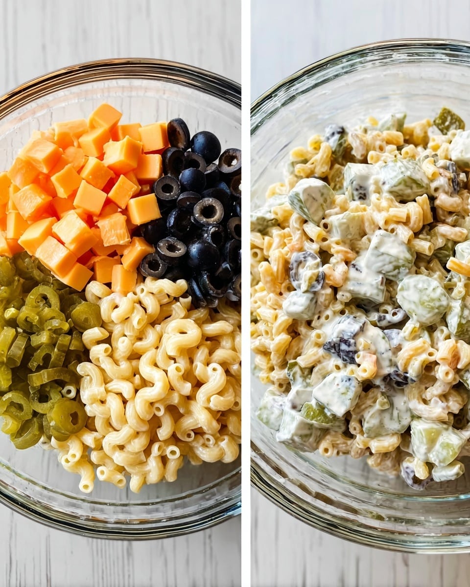 The image shows two glass bowls of pasta salad on a white marbled surface. The first bowl has five layers arranged side by side: small orange cheese cubes on the top left, sliced black olives next to cheese on the top right, light yellow elbow macaroni pasta fills the rest of the bowl, bright green chopped pickles on the bottom left, and a creamy white dressing with dark specks on the bottom right. The second bowl is filled with the mixed pasta salad where all the ingredients are combined, showing the pale yellow pasta coated with creamy dressing, small orange cheese cubes, black olive slices, and green pickle pieces mixed evenly throughout. Photo taken with an iphone --ar 4:5 --v 7