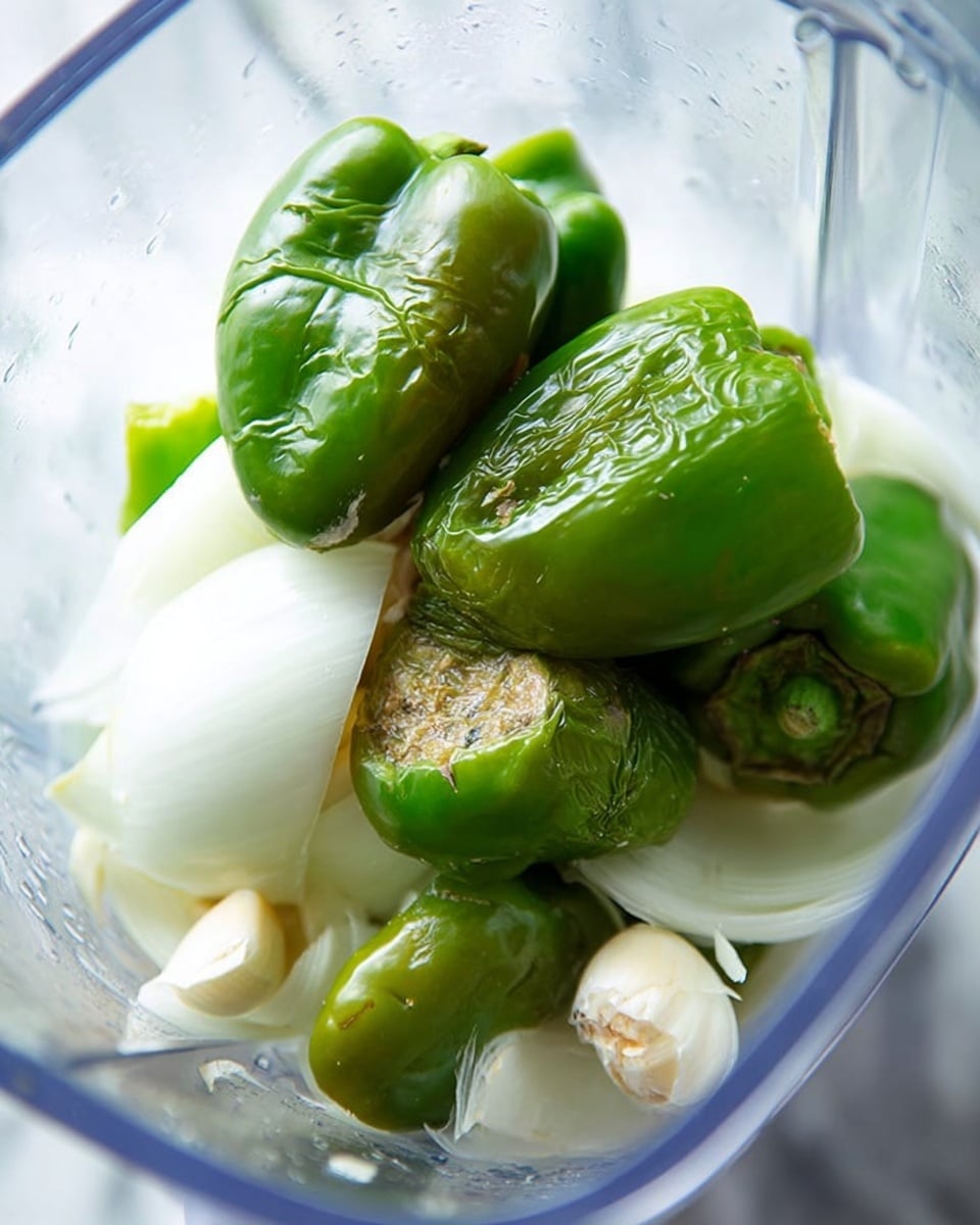 Inside a blender, there are several whole green peppers stacked on top of pieces of white onions, which are cut into large sections. The green peppers show some wrinkles and a shiny texture, indicating freshness. There are also small pieces of white garlic cloves scattered among the peppers and onion layers. The background visible through the blender container has a white marbled texture. The light reflects softly off the wet surfaces of the vegetables. photo taken with an iphone --ar 4:5 --v 7