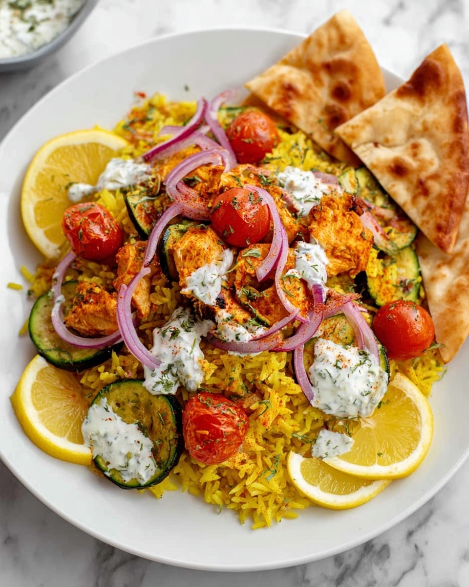 A white plate on a white marbled surface holds a colorful dish with three main layers. The base layer is yellow rice mixed with green zucchini slices and small roasted cherry tomatoes. Scattered on top are chunks of orange-spiced cooked chicken and thin curved slices of purple onion. Small dollops of white sauce with green herbs are spread across the rice. Around the edges of the plate are three lemon wedges, and on the right side, two triangular pieces of toasted pita bread lean against the food. The dish is garnished with small green herbs scattered over the top. Photo taken with an iphone --ar 4:5 --v 7