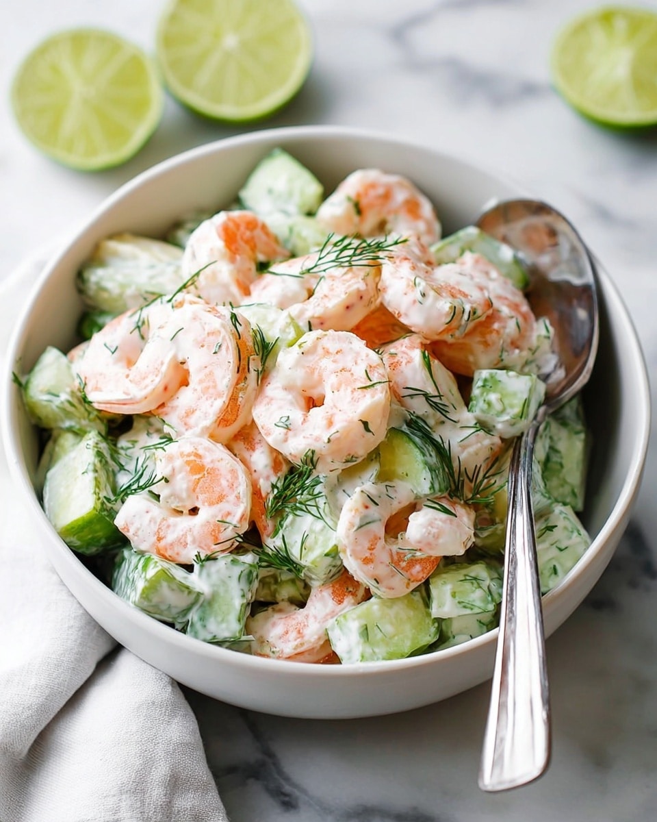 The dish is a shrimp and cucumber salad served in a white bowl with a thin dark rim, resting on a wooden board over a white marbled surface. The salad has two main layers: the first layer is made of small, bright green cucumber cubes with dark green skin and a light creamy dressing mixed throughout; the second layer consists of plump, pink shrimp scattered evenly on top of the cucumbers. Small green dill sprigs are sprinkled over the shrimp and cucumber, adding a fresh touch. In the background, there are lime halves and some fresh dill, with a gray cloth napkin on the side. Photo taken with an iphone --ar 4:5 --v 7