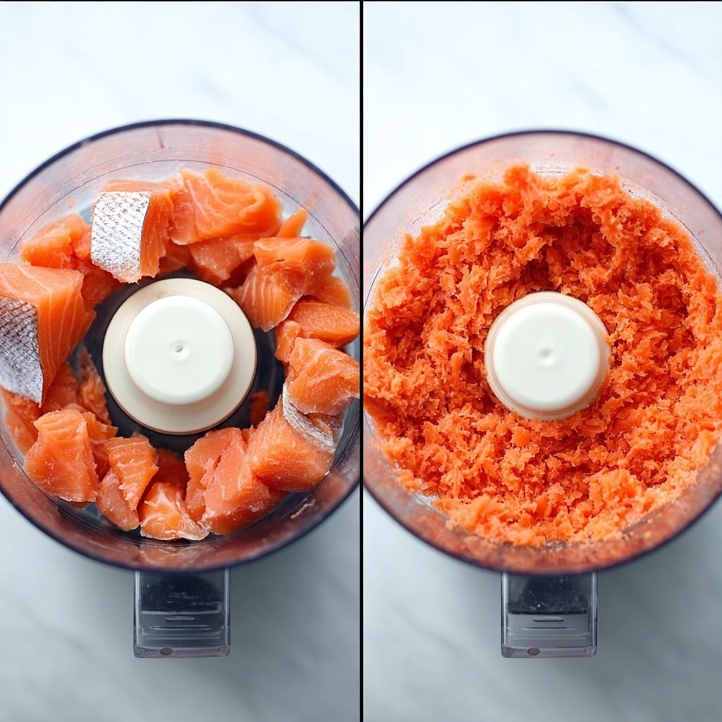 The image is split into two side-by-side close-up shots showing a food processor on a white marbled surface. The left side shows the food processor bowl filled with large, fresh orange salmon chunks with some light gray skin pieces visible, surrounding a white plastic blade in the middle. The right side shows the same bowl after blending, where the salmon pieces have turned into a finely chopped, moist mixture of bright orange salmon, evenly textured around the central white blade. photo taken with an iphone --ar 4:5 --v 7