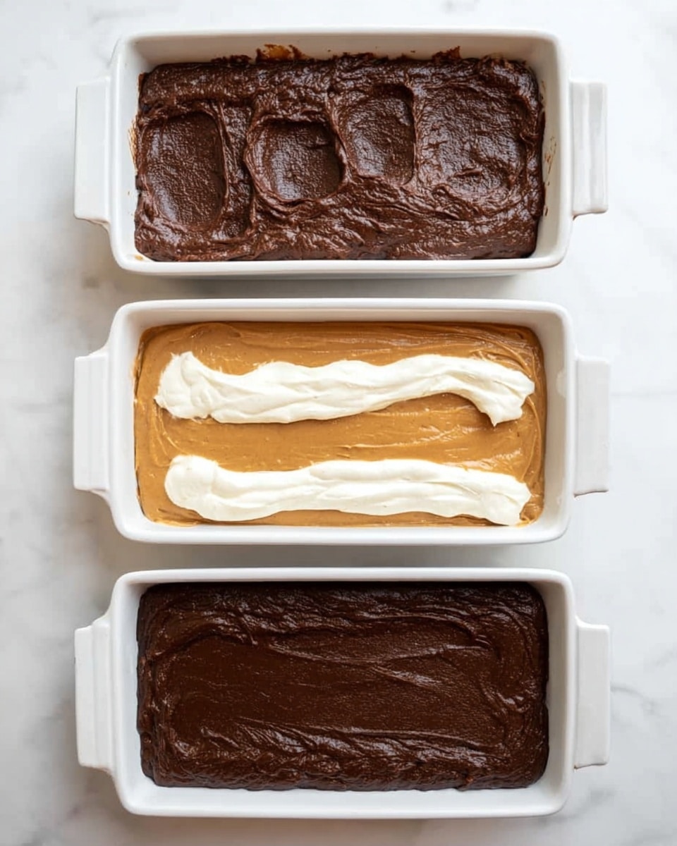 The image shows a sequence of four white rectangular baking dishes on a white marbled surface. In the first dish, there is a thick, dark brown chocolate batter spread unevenly as the bottom layer. The second dish has the same dark layer at the bottom, now topped with a smooth, light brown peanut butter layer spread evenly across it. The third dish shows the dark chocolate base with the peanut butter layer underneath and a thick white zigzag line of creamy frosting or marshmallow spread on top of the peanut butter. The fourth dish displays a smooth, thick layer of dark chocolate batter completely covering the peanut butter and white layer underneath, forming a uniform dark top surface. Photo taken with an iphone --ar 4:5 --v 7