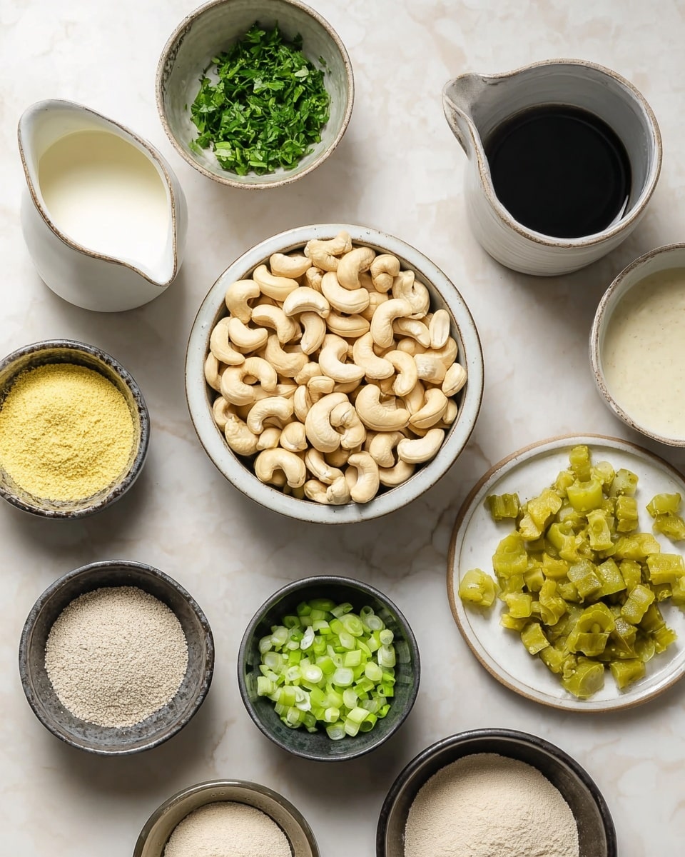 The image shows a white bowl filled with whole cashew nuts in the center, surrounded by smaller white and dark bowls on a white marbled surface. To the right, a white plate holds chopped greenish-yellow pickles. A small white bowl with chopped green onions is placed below the plate. Above the cashews, a dark bowl contains chopped fresh green herbs. To the top right, a dark bowl holds a dark liquid. On the left, a white pitcher with a white liquid stands next to a light beige bowl with a yellow powder. Below these, a dark bowl holds a mix of white and beige powders, and next to it, another dark bowl contains a creamy pale liquid with specks. photo taken with an iphone --ar 4:5 --v 7
