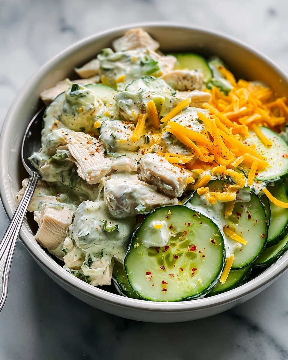 Cucumber Snack Bowl with Cheddar, Chicken, and Avocado Lime Ranch Dressing Recipe - Recipe Image
