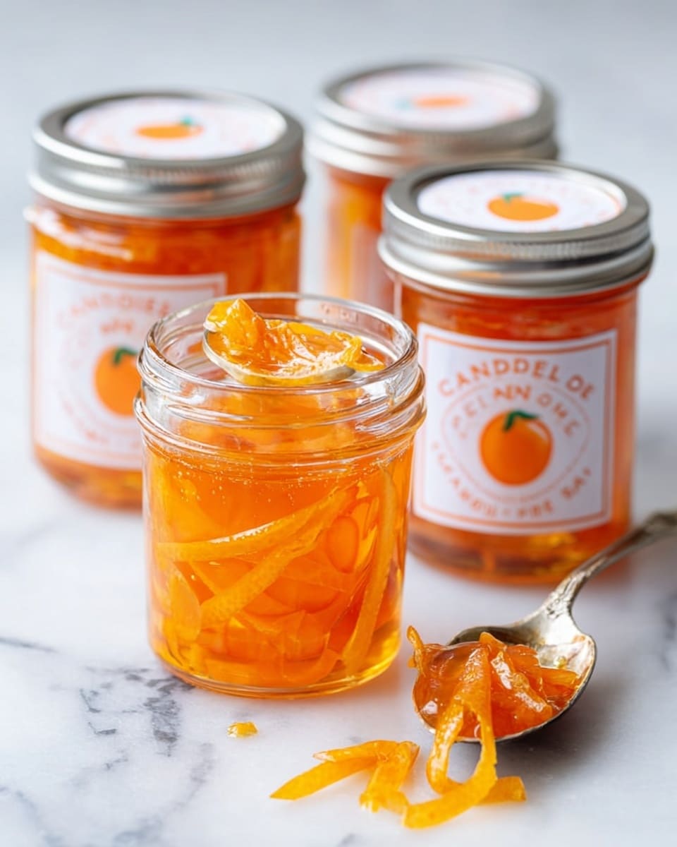 The image shows three small glass jars filled with bright orange syrup and thin strips of candied orange peel inside, with one jar open and a silver spoon scooping some of the orange peel and syrup out. The jars have silver metal lids with an orange and white label on top that reads