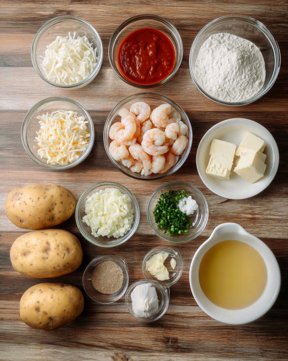 The image shows several clear and white bowls and a white dish arranged on a wooden surface. There are three whole potatoes with a light brown skin placed beside the bowls. The bowls contain different ingredients: a bowl of red sauce, a bowl of white flour, a bowl of raw shrimp, a bowl with white cheese, a bowl of light yellow broth, chopped white onions, butter, minced garlic, chopped green herbs, salt, and a light brown spice. The ingredients are neatly organized in small portions, each in separate containers, with a simple and clean presentation. Photo taken with an iphone --ar 4:5 --v 7