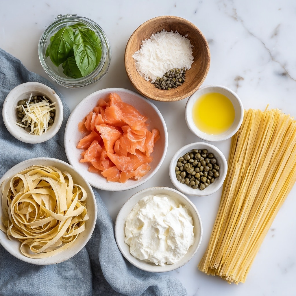 The image shows ingredients neatly arranged on a white marbled surface with a soft grey cloth draped below them. There is a small jar of green basil leaves next to a round white bowl containing coarse salt. A smaller bowl contains golden butter, placed near a wooden dish filled with minced garlic. In the center, a medium-sized white bowl holds thin slices of smoked salmon. To the right, another round white bowl is filled with cream, beside a pile of fine shredded parmesan cheese in a white dish. Several bright green capers are in a small white bowl next to a bundle of uncooked pale yellow fettuccine strands lying flat. The overall setup is clean and bright, highlighting each ingredient's color and texture. photo taken with an iphone --ar 4:5 --v 7