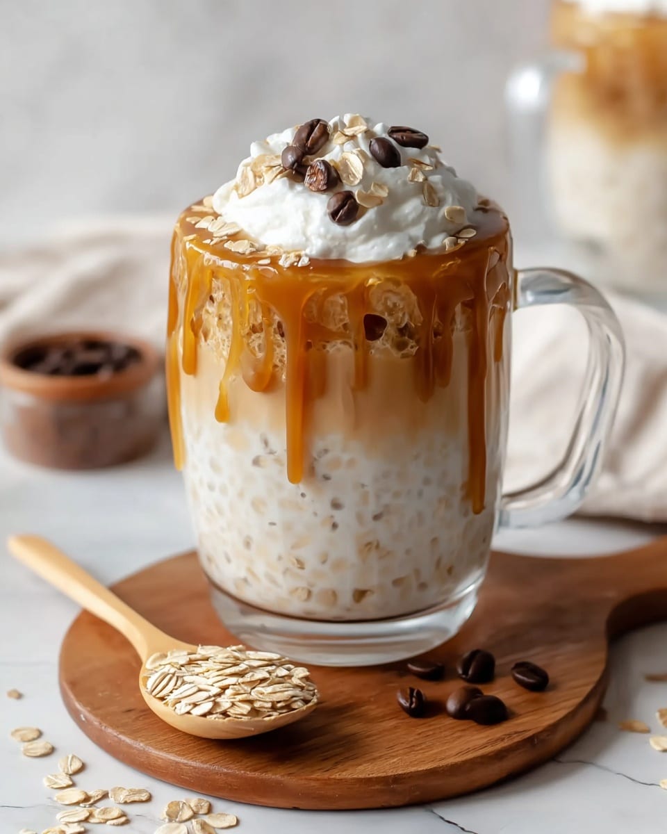 A clear glass mug filled with three visible layers: the bottom layer is creamy white with small oats mixed inside, the middle layer is a light caramel color with a smooth texture, and the top layer is white whipped cream with a soft fluffy texture. Caramel sauce drips down from the whipped cream over the sides of the mug. Rolled oats and dark brown coffee beans are sprinkled on top of the whipped cream. The mug sits on a round wooden board with a wooden spoon containing some oats and a wooden stir stick beside it. The background is a white marbled texture with a blurred second glass in the back. Photo taken with an iphone --ar 4:5 --v 7