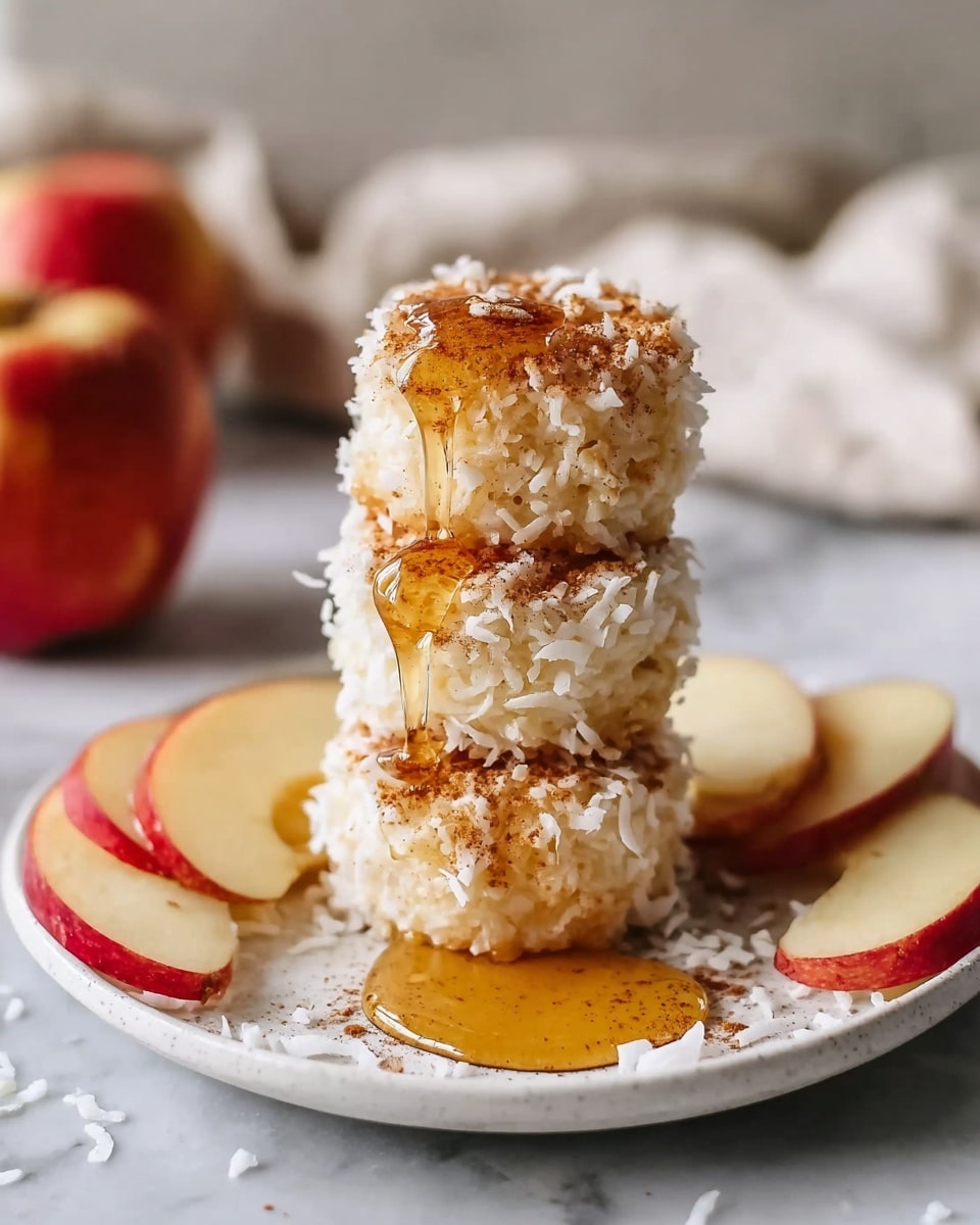 The image shows three small round cakes stacked on top of each other in the center of a white plate on a white marbled surface. Each cake is covered with white shredded coconut and sprinkled with brown cinnamon powder. Golden honey syrup is dripping down the sides of the top two cakes and pooling slightly on the plate. To the left and right side of the stacked cakes, there are thin slices of red apple with pale flesh. In the background, there are blurred red apples and soft white fabric. Photo taken with an iphone --ar 4:5 --v 7