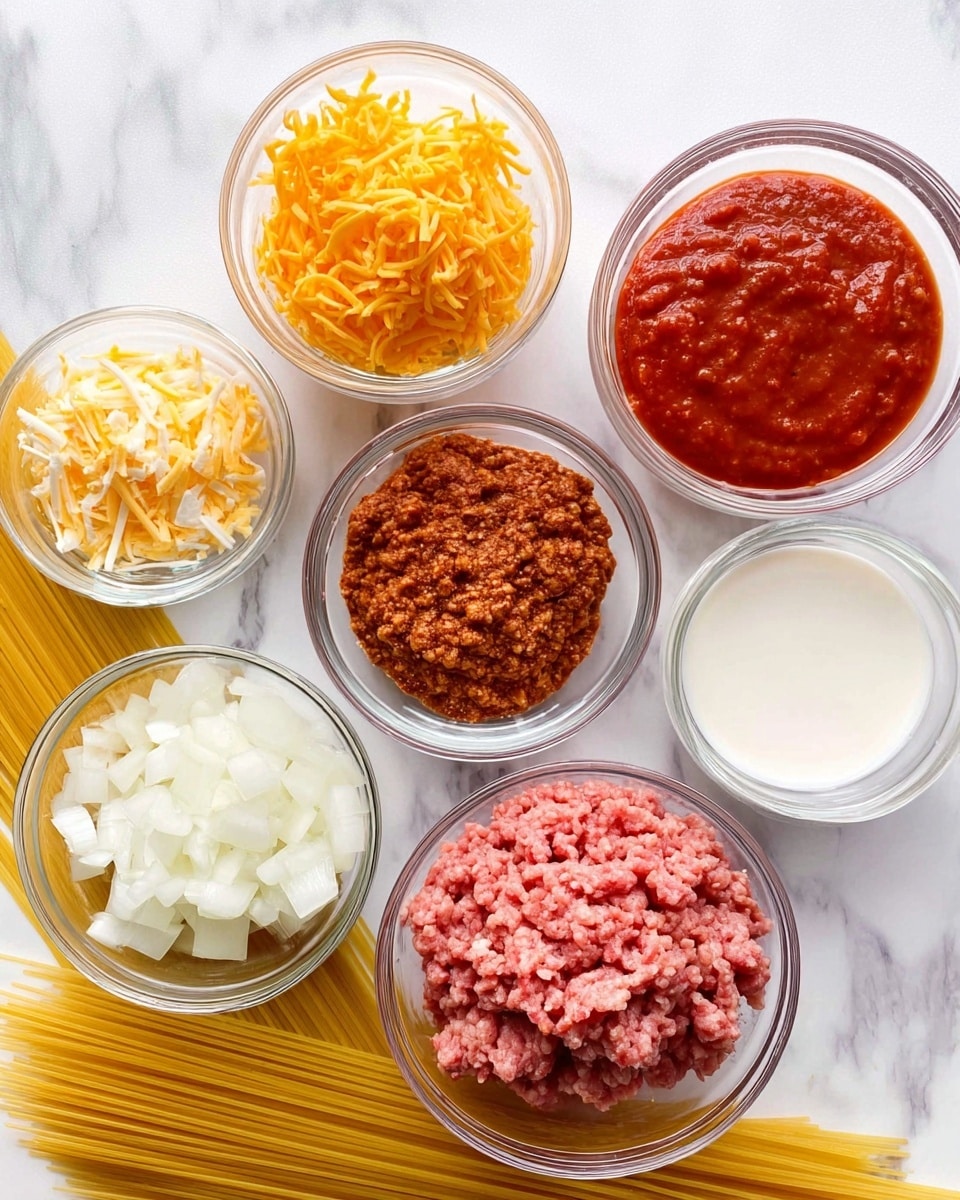 The image shows several small clear glass bowls arranged on a white marbled surface, each holding different ingredients. There are bright yellow shredded cheese, reddish brown seasoning powder, diced white onions, and red chunky tomato sauce in separate bowls. A bowl of raw light pink ground meat sits near the center, alongside a small bowl of creamy white liquid and another bowl filled with clear water. Dry yellow spaghetti noodles lie flat beneath some of the bowls, adding a linear element to the arrangement. The overall layout is neat and colorful with a mix of textures visible through the transparent bowls. photo taken with an iphone --ar 4:5 --v 7