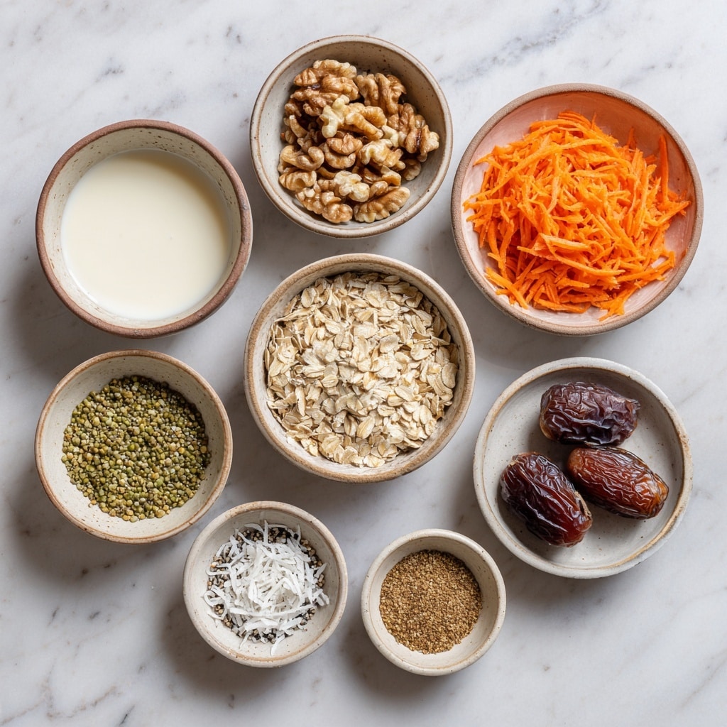 Nine small white bowls are arranged on a white marbled surface, each filled with different ingredients. At the top right, there is a bowl with light orange shredded carrot. Next to it on the left is a bowl filled with white plant milk. Below the carrot, a bowl contains brown walnut halves. In the center, a bowl is filled with light beige rolled oats. To the left, a bowl holds greenish hemp seeds and beneath that a bowl with small black chia seeds. Below the chia seeds, a bowl contains white shredded coconut. Two brown dates sit in a bowl near the bottom center. Finally, at the top left, a bowl contains a few varied light brown and beige spices. All bowls have smooth textures and are evenly spaced. photo taken with an iphone --ar 4:5 --v 7