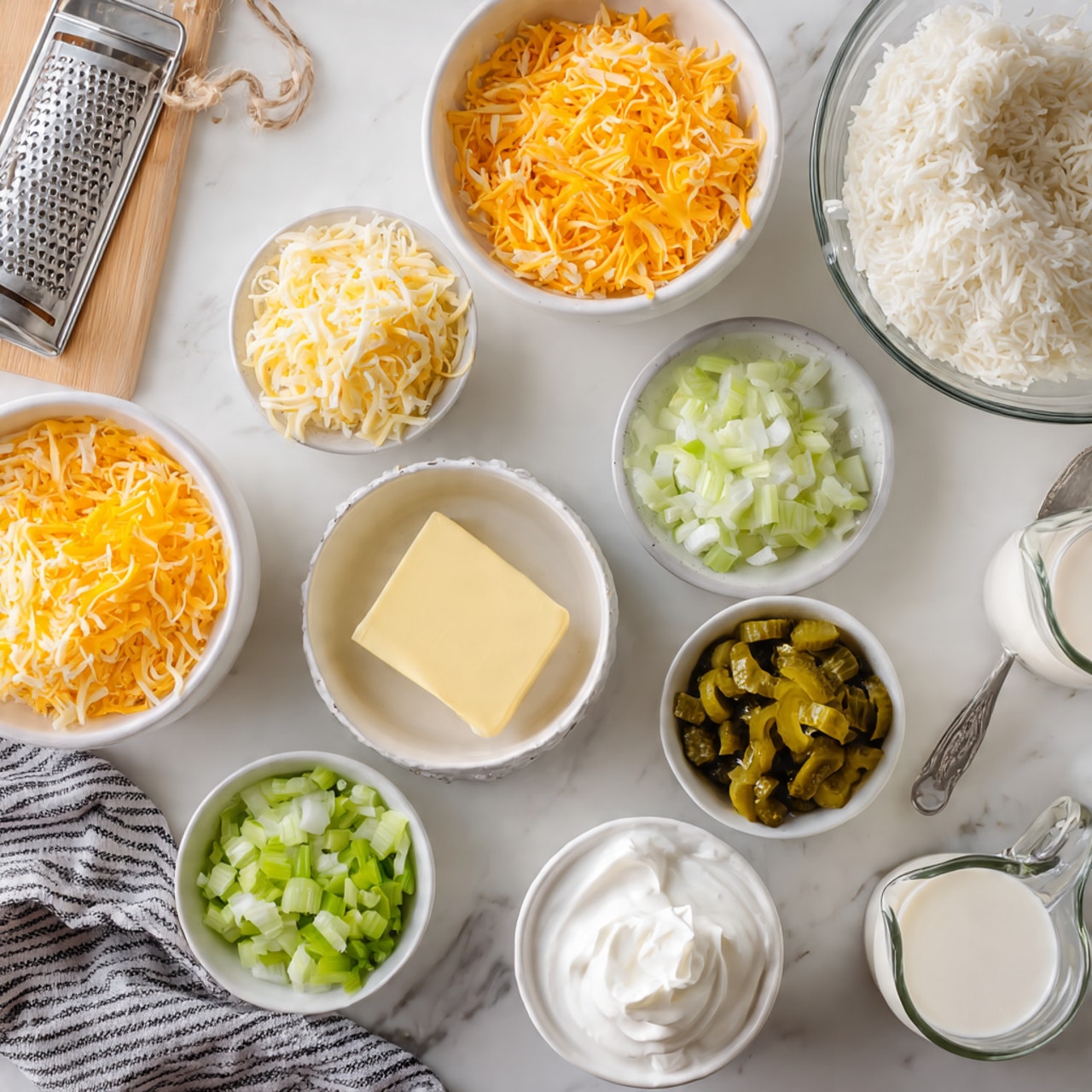 The image shows several small white bowls arranged on a white marbled surface, each holding different ingredients. There are two bowls with grated cheese, one with bright orange shredded cheese and another with pale yellow shredded cheese placed near the back. In front of those, there are two more white bowls; one contains chopped light green celery, and another has chopped white onions. A small white bowl in the center holds a stick of yellow butter. Next to it, another small white bowl is filled with chopped green pickles. To the right, a medium white bowl contains a dollop of white sour cream. Near the right edge, there is a clear glass measuring cup with milk and a large glass bowl filled with cooked white rice. A metal grater and a striped cloth are also visible. The surface beneath everything is white marbled. Photo taken with an iphone --ar 4:5 --v 7