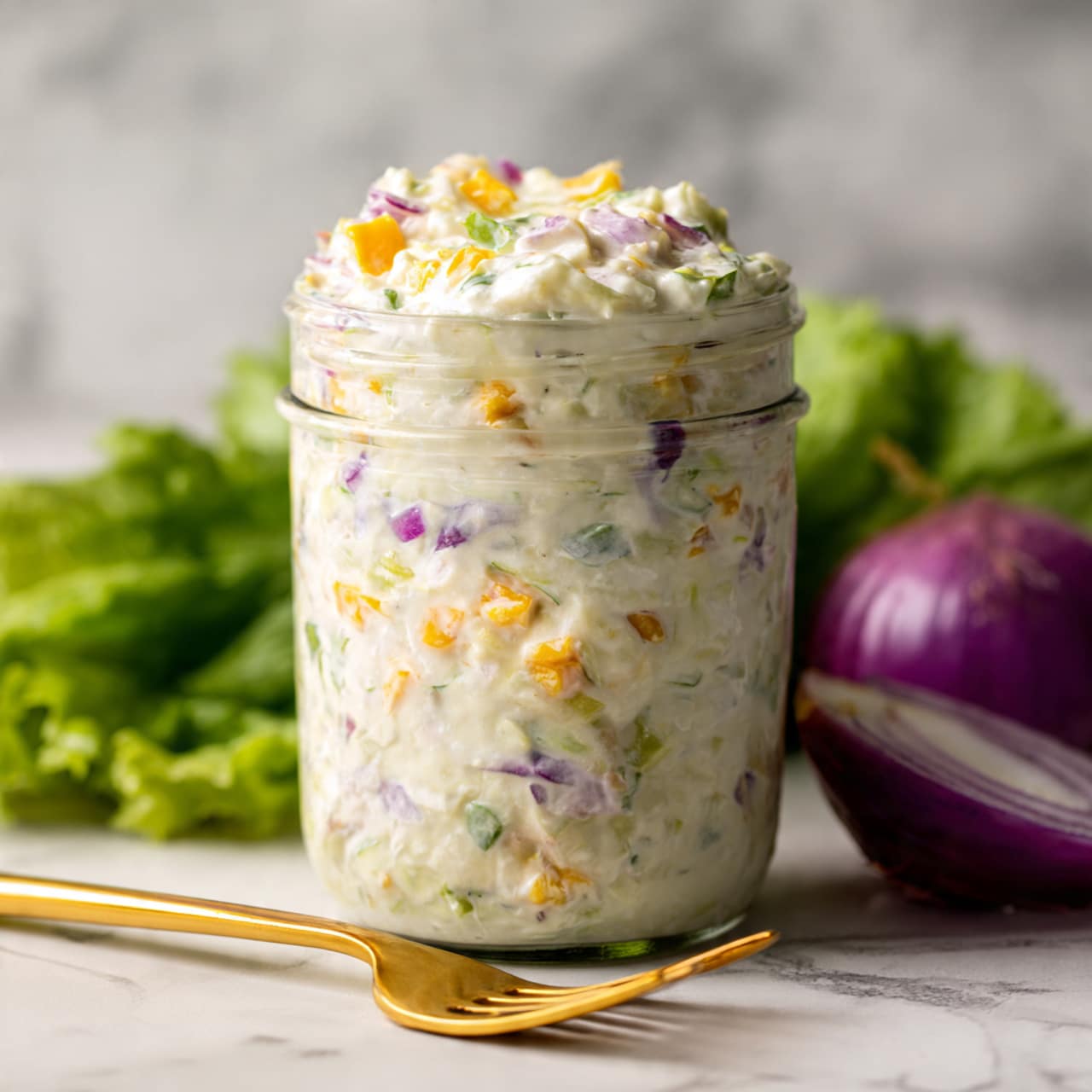 A clear glass jar filled with a creamy salad showing visible small pieces of yellow, green, and purple ingredients mixed throughout, giving a textured look. The jar is placed on a white marbled surface with a cut purple onion and fresh green lettuce leaves beside it, adding contrast. In the foreground, there is a small amount of the salad on a gold-colored fork, slightly out of focus, enhancing the depth of the image. The background is softly blurred with a simple, neutral gray tone. photo taken with an iphone --ar 4:5 --v 7