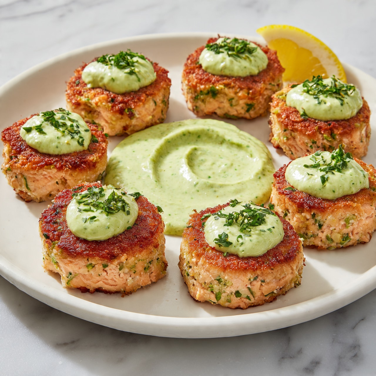 Seven small salmon patties with a golden brown crust sit on dollops of pale green herb sauce, each topped with chopped green herbs. The patties are round and have a textured surface with visible bits of herbs and salmon. In the center of the white plate is a smooth swirl of the same green sauce. In the background, a lemon wedge adds a soft yellow color. The plate rests on a white marbled surface. photo taken with an iphone --ar 4:5 --v 7